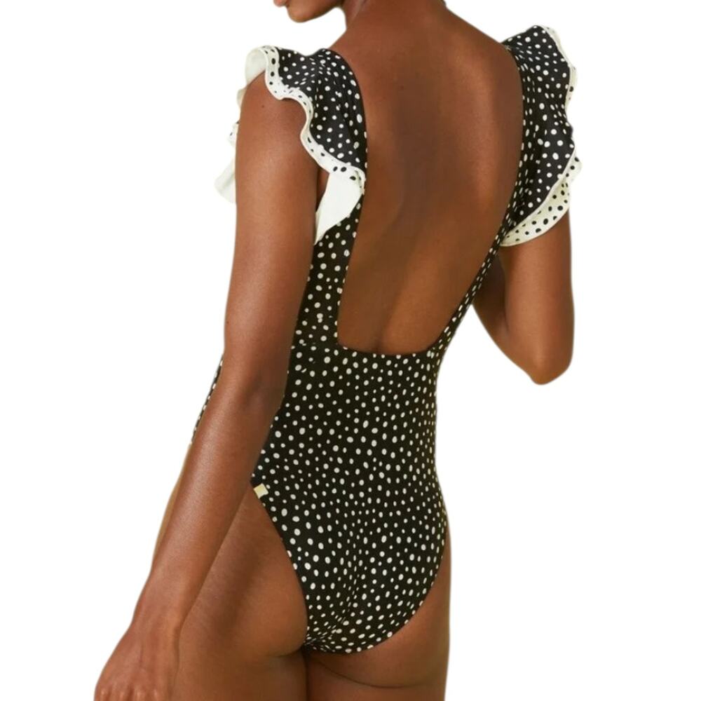 Women's Summersalt The Ruffle Backflip Black White Polka Dot 1-Piece Swimsuit 6 - Picture 2 of 12